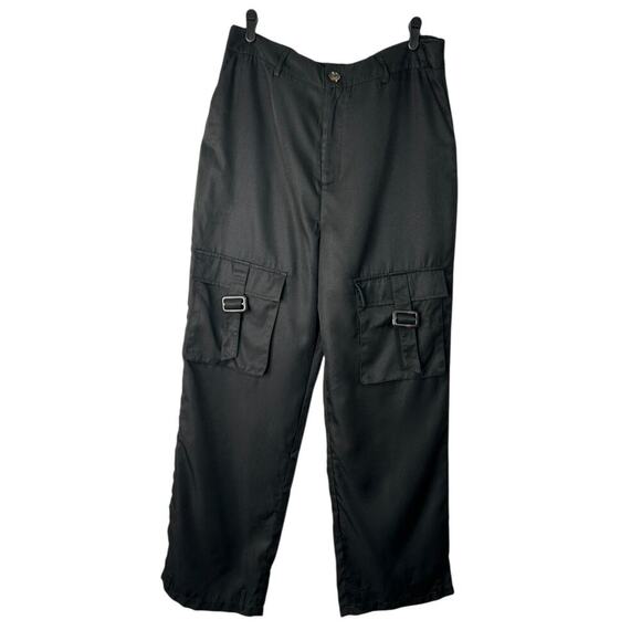 Pretty Little Thing Tall Black Cargo Pocket Detail Buckle Trouser SZ 14 Wide Leg - Picture 1 of 12